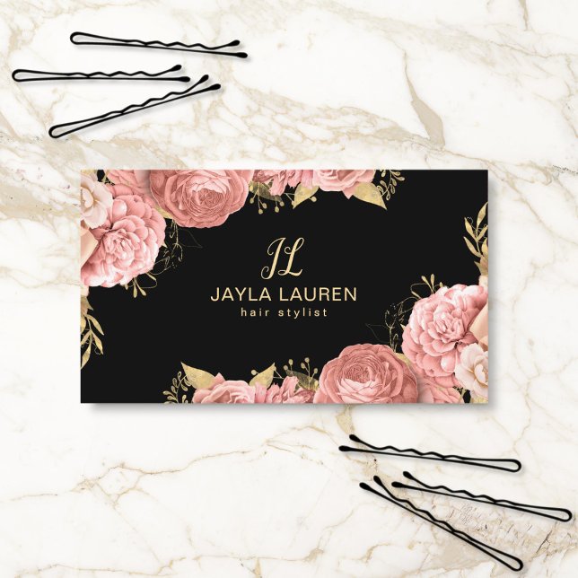 Tarjeta De Visita Lujo Elegante Chic Monograma Floral Rosa Dorado (Subido por el creador)
