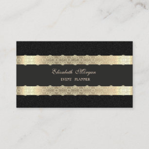 Tarjeta De Visita Lujo Elegante Moderno, Rayas Doradas, Encaje, Negr