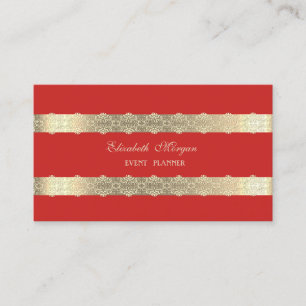 Tarjeta De Visita Lujo Elegante Moderno, Rayas Doradas, Encaje, Rojo