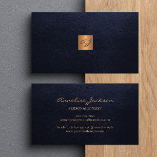 Tarjeta De Visita Lujo elegante monograma de cuero naví dorado cobre