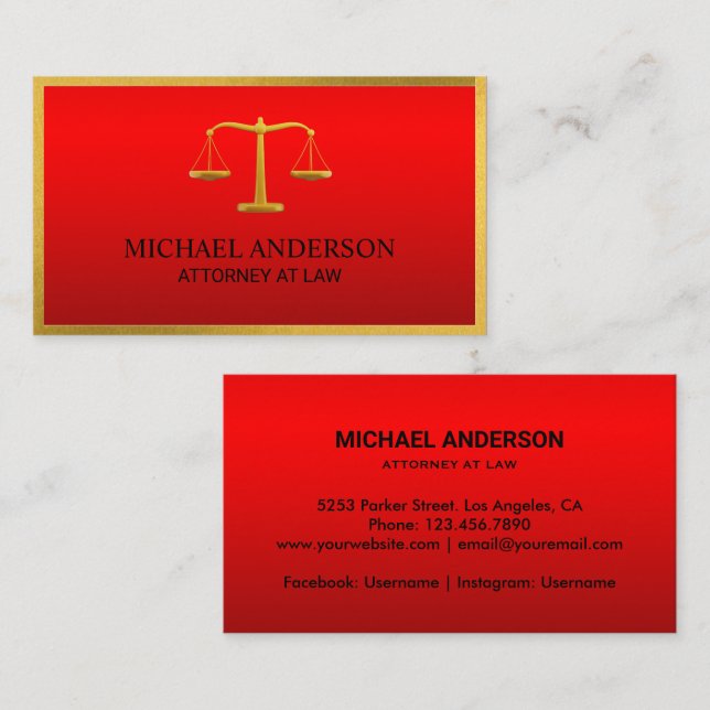 Tarjeta De Visita Lujo: Escalas de abogados rojos de justicia efecto (Anverso / Reverso)