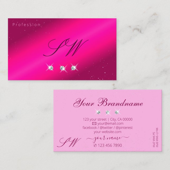 Tarjeta De Visita Lujo Girly Pink Sparkle Stars Diamonds Initials (Anverso / Reverso)