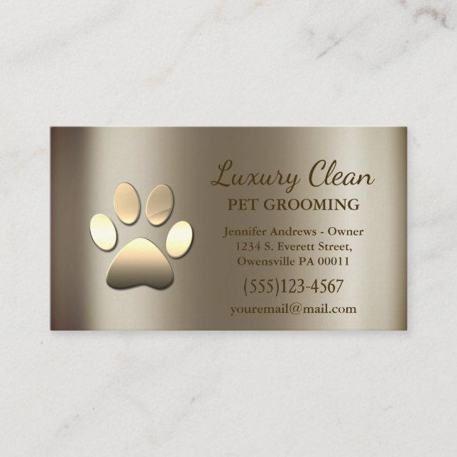 Tarjeta De Visita Lujo Glam Gold Metallic Dog Paw Grooming Servicio (Anverso)