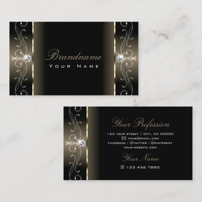 Tarjeta De Visita Lujo Glam Negro Beige Joyas de contrabando Ornamen (Anverso / Reverso)