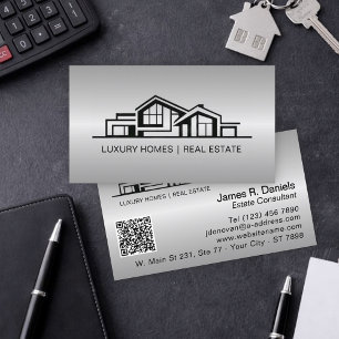 Tarjeta De Visita Lujo Gris Plata Inmobiliario Chic Profesional