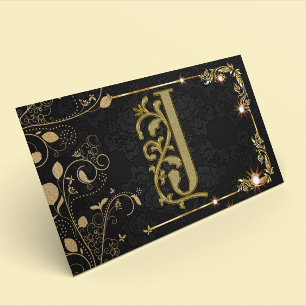 Tarjeta De Visita Lujo Monograma Dorado Black Sparkle