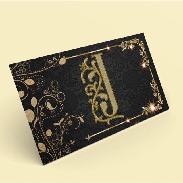 Tarjeta De Visita Lujo Monograma Dorado Black Sparkle (Subido por el creador)