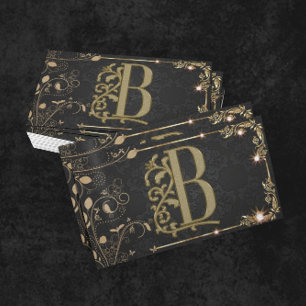 Tarjeta De Visita Lujo Monograma Mínimo Moda Dorado Negro Elegante