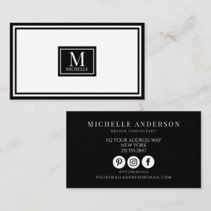 Tarjeta De Visita Lujo Monograma Moderno Blanco Negro Chic