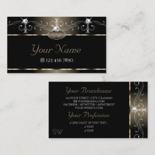 Tarjeta De Visita Lujo Monograma Negro Beige Garabatos Brillo Joyas