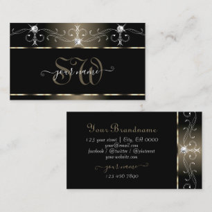 Tarjeta De Visita Lujo Negro Beige Garabatos Brillo Joyas Iniciales