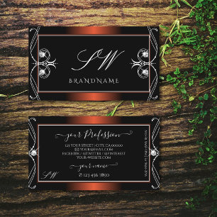 Tarjeta De Visita Lujo Negro Cobre Brillo Joyas Monograma Ornamentad