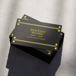 Tarjeta De Visita Lujo Negro y Dorado Floral Elegante