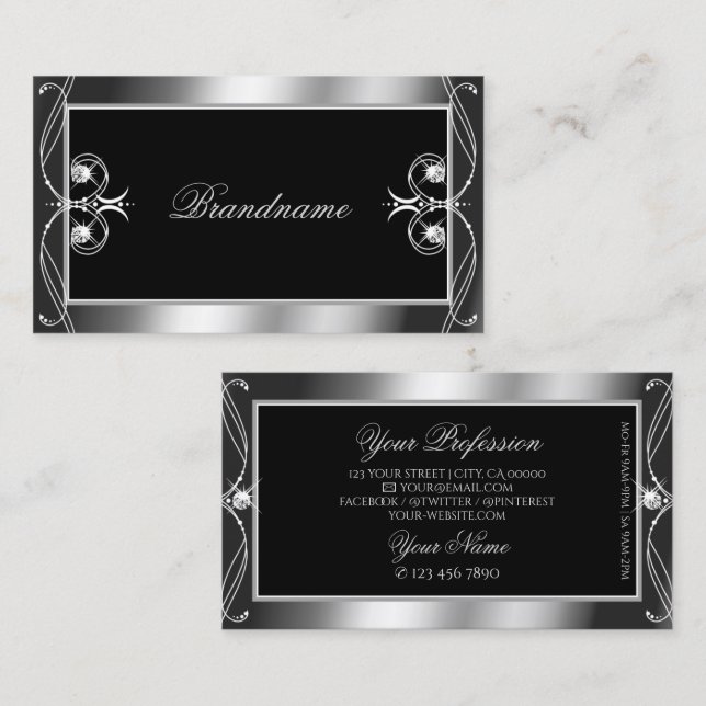 Tarjeta De Visita Lujo Ornate Black Silver Sparkle Jewels Elegante (Anverso / Reverso)