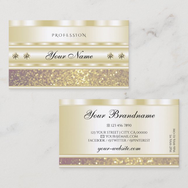 Tarjeta De Visita Lujo Oro Morado Esparkle Purpurina Diamantes Moder (Anverso / Reverso)