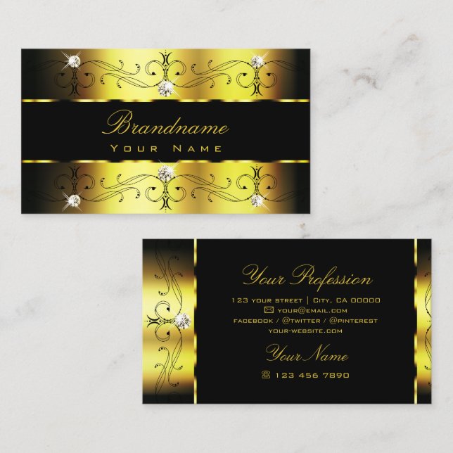 Tarjeta De Visita Lujo Oro Negro Bordes Joyas Ornamental (Anverso / Reverso)