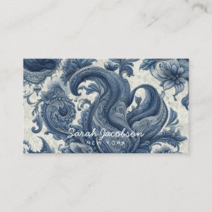 Tarjeta De Visita Lujo Paisley Azul y Blanco