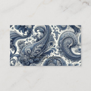 Tarjeta De Visita Lujo Paisley Azul y Blanco