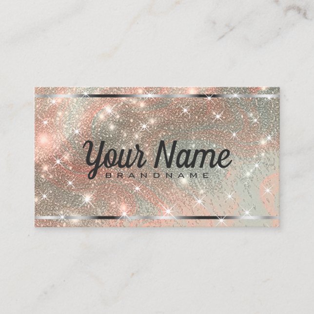 Tarjeta De Visita Lujo Plata Peach Marble Purpurina Estrellas Lumino (Anverso)