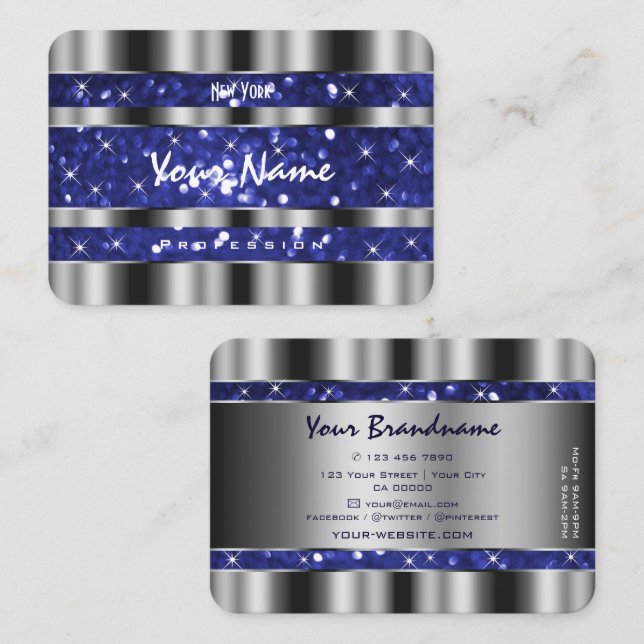 Tarjeta De Visita Lujo Plata Royal Blue Sparkle Purpurina Elegance (Anverso / Reverso)