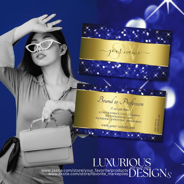 Tarjeta De Visita Lujo Royal Blue Purpurinas Stars Gold y Monograma (Subido por el creador)