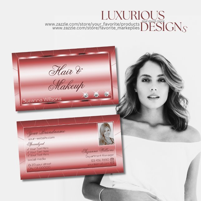 Tarjeta De Visita Lujo Shimmery Rojo Moderno con diamantes y foto (Subido por el creador)
