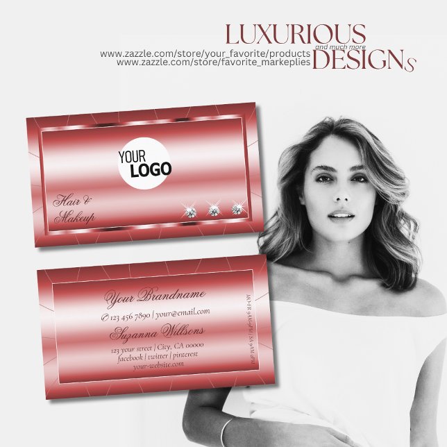 Tarjeta De Visita Lujo Shimmery Rojo Moderno con diamantes y logotip (Subido por el creador)