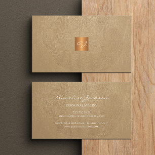 Tarjeta De Visita Lujosa elegancia cuero beige monograma cobre oro