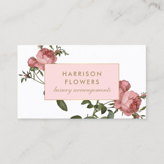 Tarjeta De Visita Lujosas florals de época rosa y blanco (Anverso)