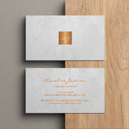 Tarjeta De Visita Lujoso monograma blanco elegante de cuero y cobre 