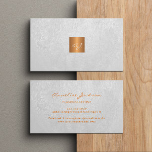 Tarjeta De Visita Lujoso monograma blanco elegante de cuero y cobre 