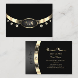 Tarjeta De Visita Lujoso negro y oro con diamantes de monograma