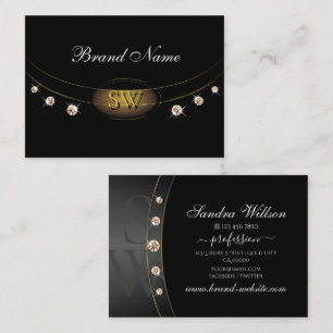 Tarjeta De Visita Lujoso negro y oro con diamantes de monograma