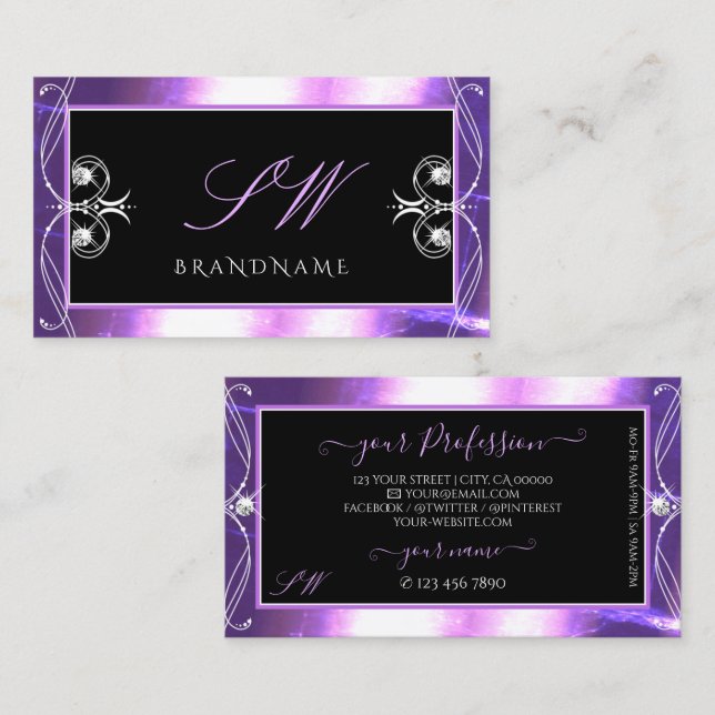 Tarjeta De Visita Lujoso Ornate Black Purple Sparkle Jewels Monogram (Anverso / Reverso)