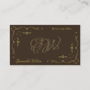 Tarjeta De Visita Lujoso Ornate Corners de Oro Iniciales Marrón Oscu