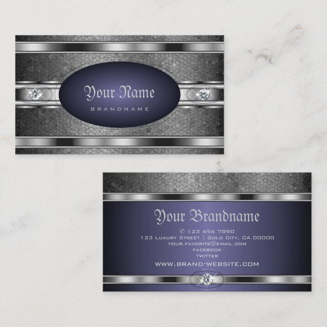 Tarjeta De Visita Lujoso patrón plateado azul con diamantes falsos (Anverso / Reverso)