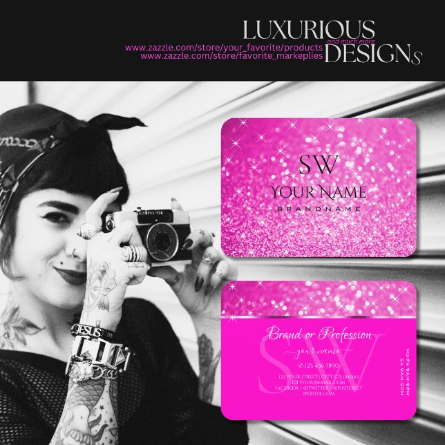Tarjeta De Visita Lujoso Purpurina Rosa Luminoso Estrellas Monograma (Subido por el creador)