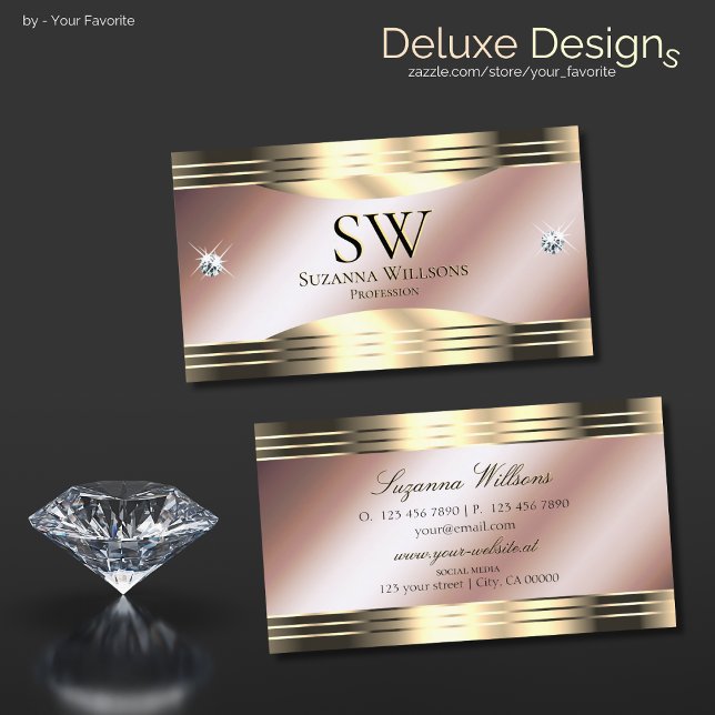 Tarjeta De Visita Lujoso Rosa de oro brillantes diamantes y monogram (Subido por el creador)