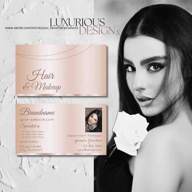 Tarjeta De Visita Lujoso Rosa de oro glamuroso con foto elegante (Subido por el creador)