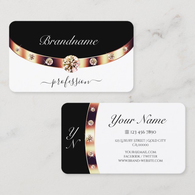 Tarjeta De Visita Lujoso Rosa dorado negro y blanco con monograma (Anverso / Reverso)
