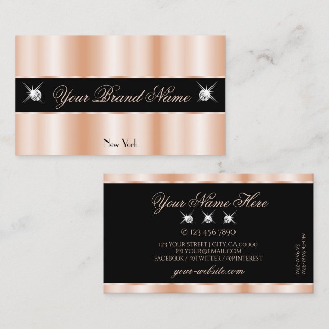 Tarjeta De Visita Lujoso Rosa Gold Black Sparkle Jewels Luxe Glam (Anverso / Reverso)