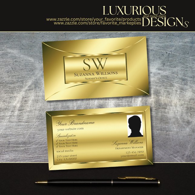 Tarjeta De Visita Lujoso Shimmery Gold con Monograma y Foto (Subido por el creador)