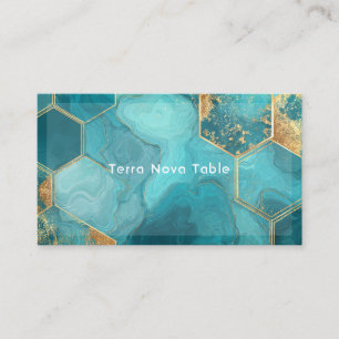 Tarjeta De Visita Lujoso Teal Oro Hexágono Geométrico Ágata Fluido
