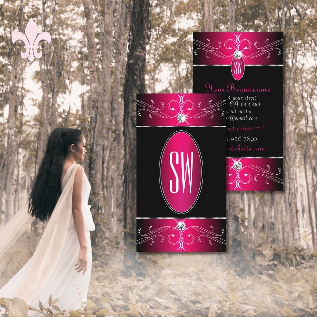 Tarjeta De Visita Lujosos Monogramas Ornamentales Negros con Rosa Fu (Subido por el creador)