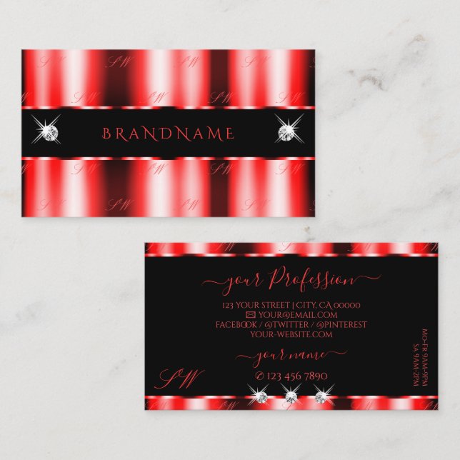 Tarjeta De Visita Luminosas Joyas de Esparkle Rojas Monograma Elegan (Anverso / Reverso)