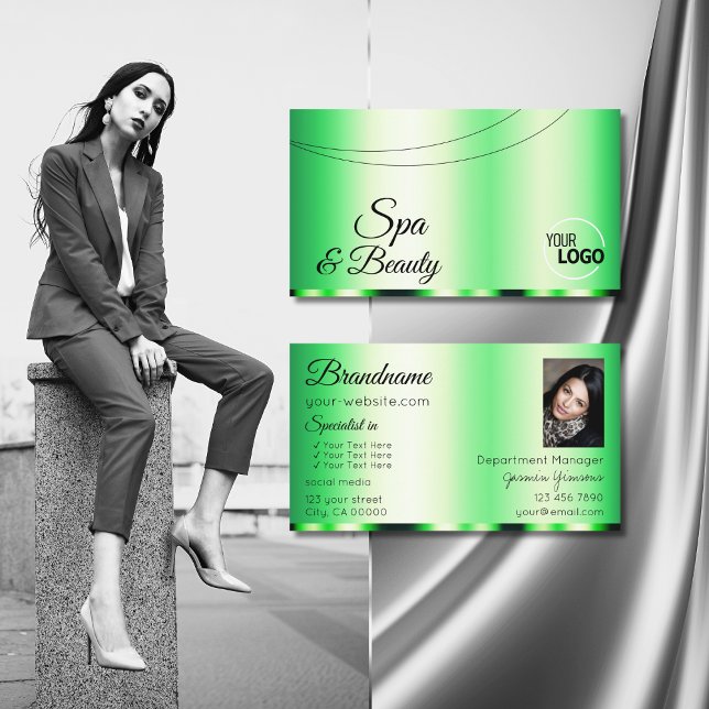 Tarjeta De Visita Luminoso glamour verde con logo y foto (Subido por el creador)