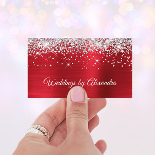 Tarjeta De Visita Luminoso Glitter Plateado Satén Foil Rojo Brillant