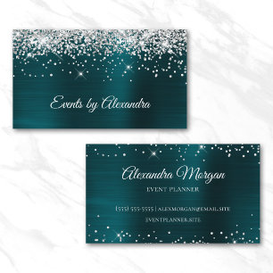 Tarjeta De Visita Luminoso Glitter Plateado Turquesa Oscuro Satén Fo