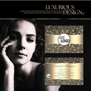 Tarjeta De Visita Luminoso Purpurina de oro con borde dorado y logot