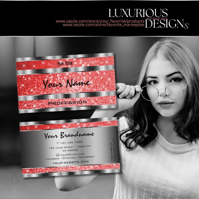 Tarjeta De Visita Luminoso rojo Purpurina estreno plata decoración (Subido por el creador)